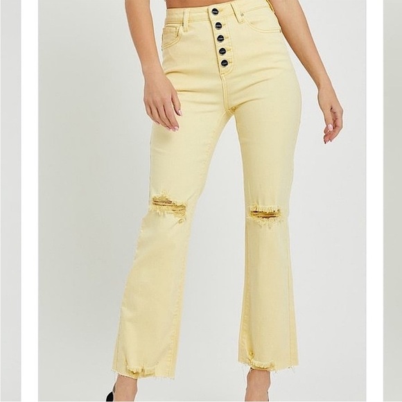 RISEN: PALE YELLOW High Rise button fly distressed Ankle Straight Pant 32! - Picture 2 of 6